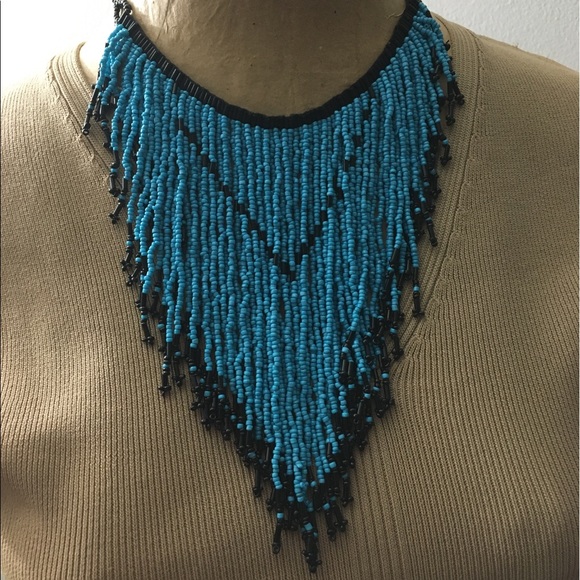 Turquoise & Black Glass Seed & Multi Strand Boho Handkerchief Necklace - Picture 5 of 13